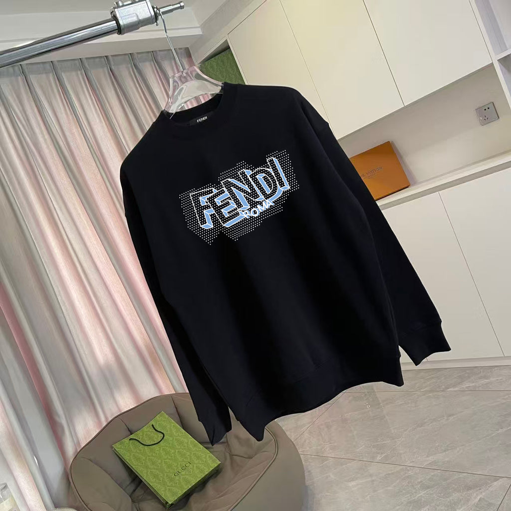 Long-sleeve crewneck sweatshirt, black, diagonal view with FENDI logo on chest.