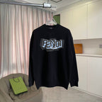 Long-sleeve crewneck sweatshirt, black, FENDI ROMA studded logo on chest.
