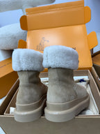 Louis Vuitton women's gray suede boots with light blue shearling cuffs and thick rubber sole