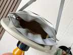 Loewe leather mini bag open view with crossbody strap, light gray interior