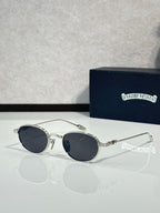 Silver-tone round sunglasses with dark tinted lenses and metal side arms