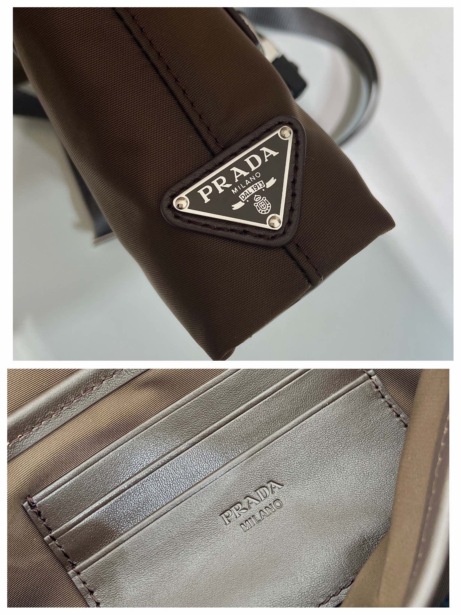 Prada logo patch and interior pocket label on brown nylon bag