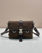 Prada nylon shoulder bag in dark brown with flap and buckled crossbody strap