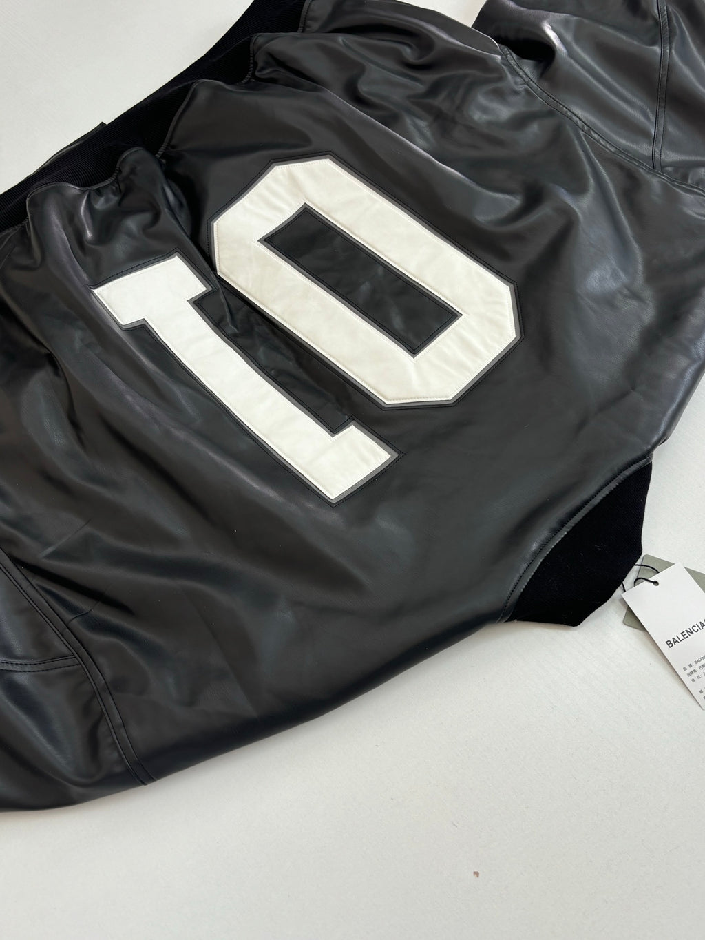 Balenciaga long jacket, black bomber with large white 01 logo patch