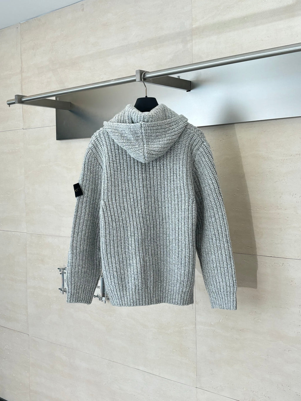 Stone Island knit zip hoodie with hood, back view, light gray texture, black zipper trim