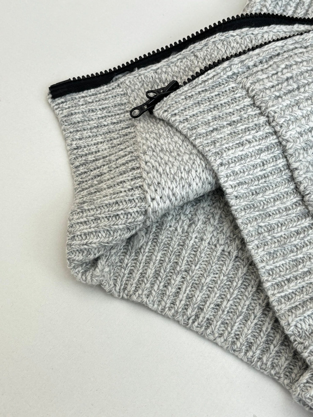 Stone Island knit hoodie hood and front hem, light gray ribbed knit, black zipper and toggle