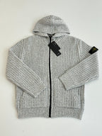Stone Island knit zip hoodie, light gray texture, attached hood, black zipper and cuffs