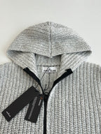 Stone Island knit hooded jacket, light gray textured knit, black zipper tape and tags