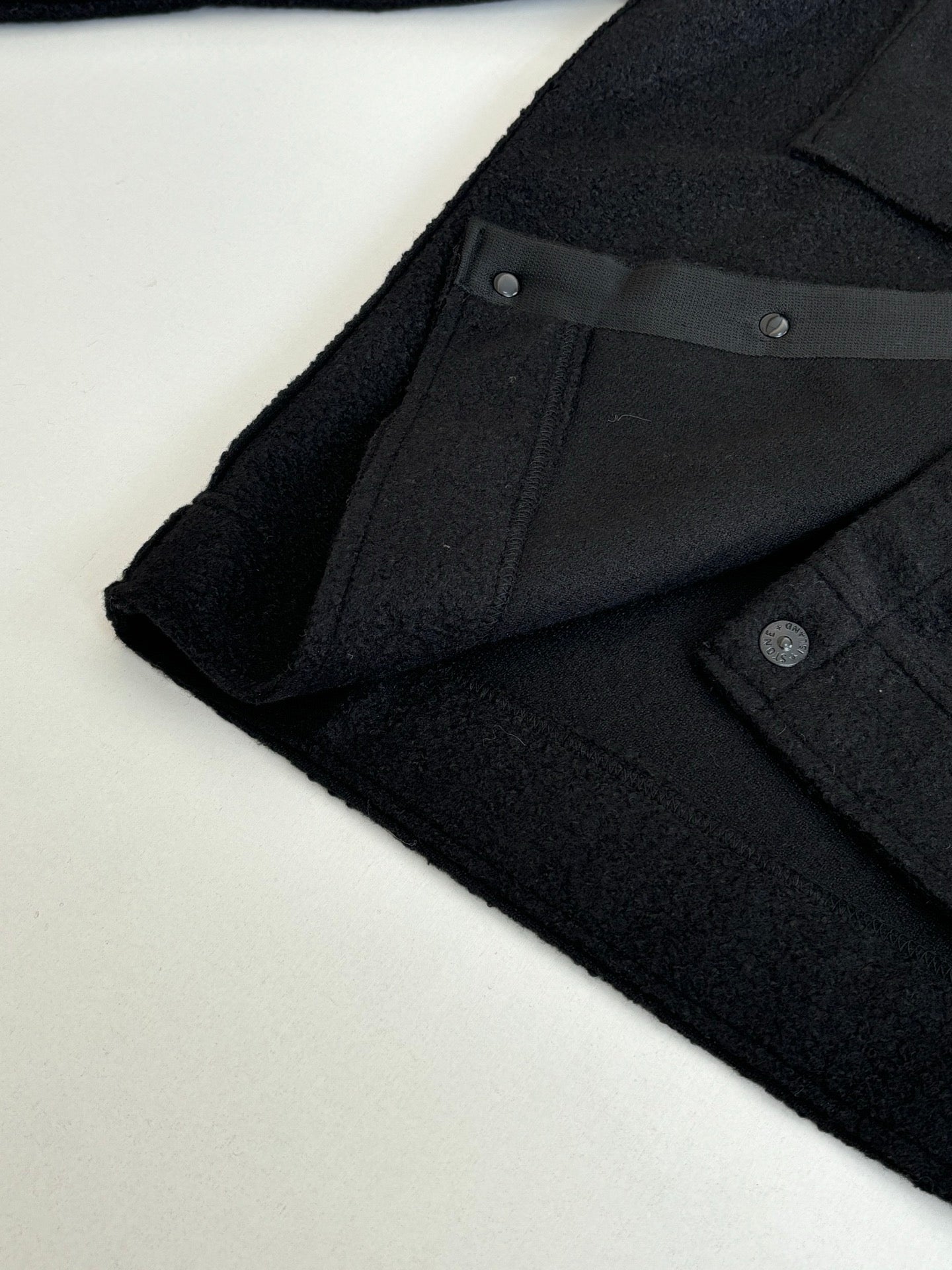 Dark jacket sleeve cuff with button detail and inner placket