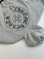 Gray hoodie with large black circular front graphic and long sleeves