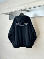Black zip-up hoodie with hood and upper back logo graphic