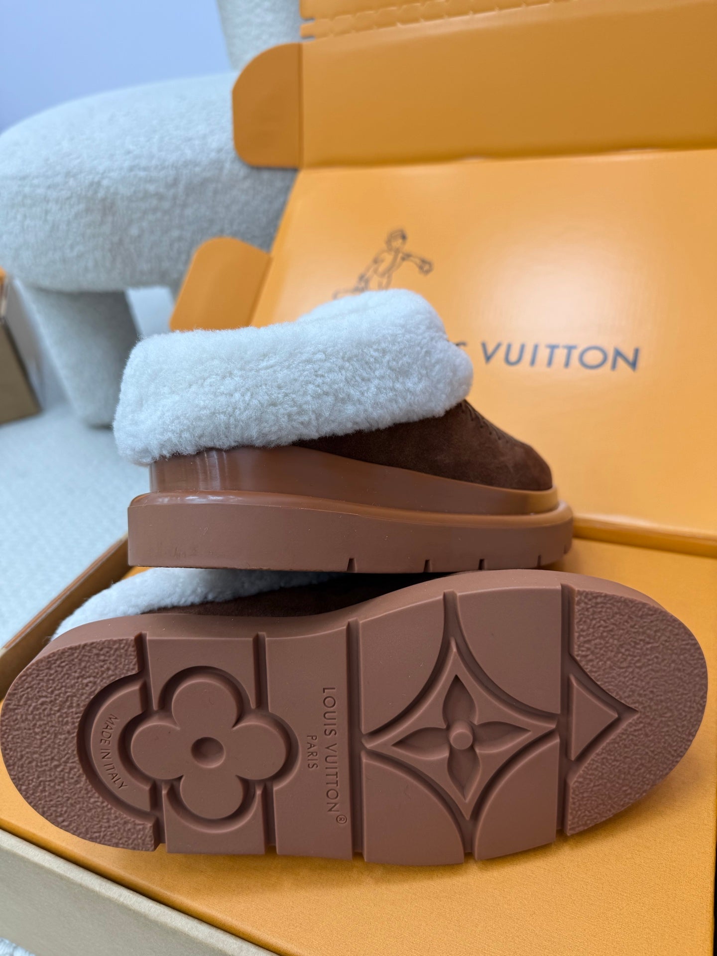 Louis Vuitton shearling mule outsole, brown rubber sole tread with logo pattern