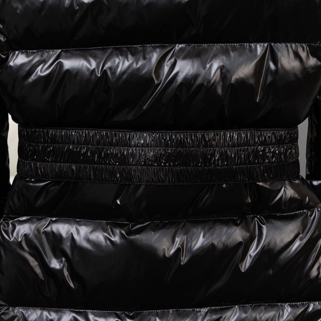 Moncler long puffer jacket with elasticated waist and quilted panels
