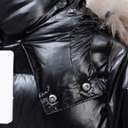 Moncler black puffer coat shoulder and chest area with snap-flap pockets