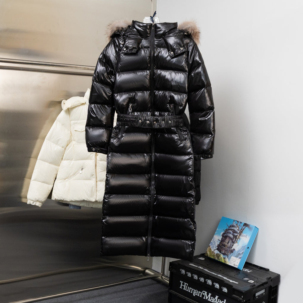 Moncler long puffer coat, black with fur-trim hood and zip-front closure