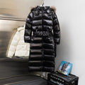 Moncler long puffer coat, black with fur-trim hood and zip-front closure