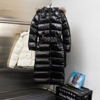 Moncler long puffer coat, black with fur-trim hood and zip-front closure