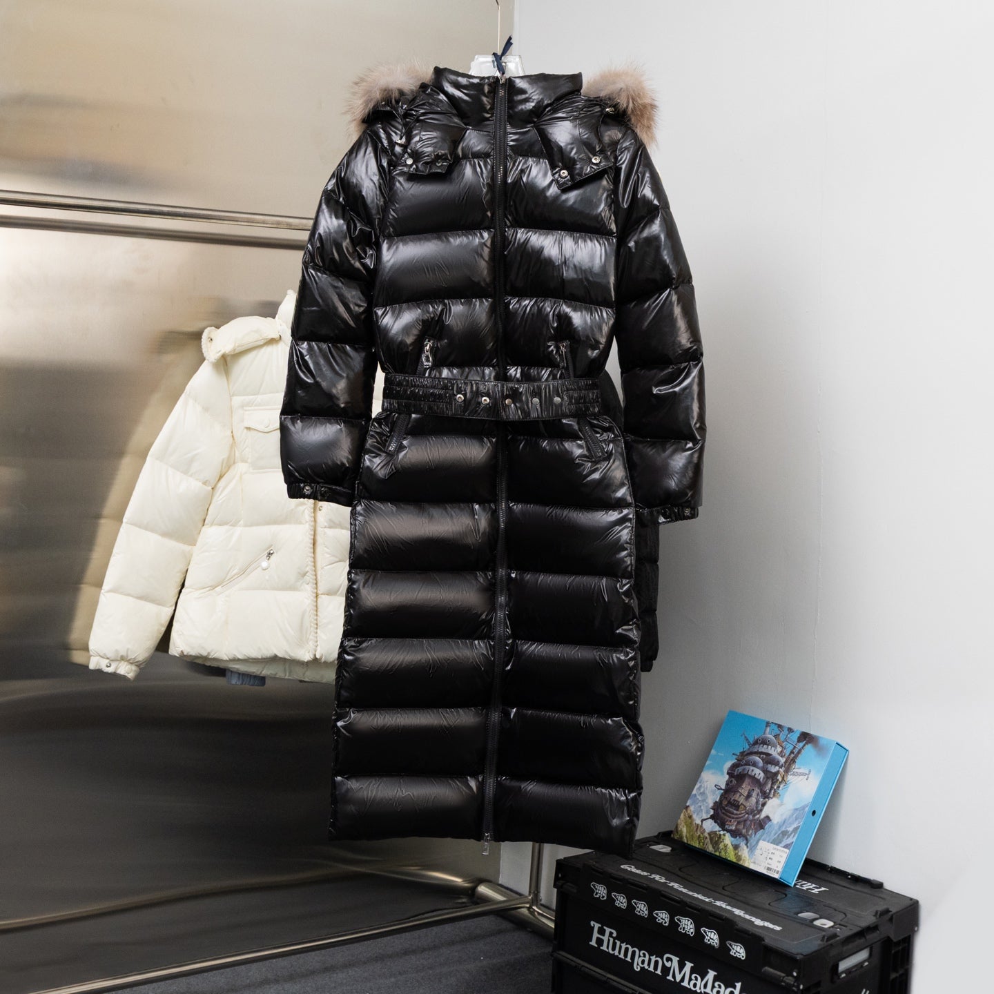 Moncler long puffer coat, black with fur-trim hood and zip-front closure