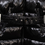Moncler black puffer coat with belt, snap buttons, and front zipper placket