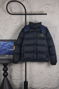 Moncler long puffer jacket in dark navy with front snap buttons and stand collar