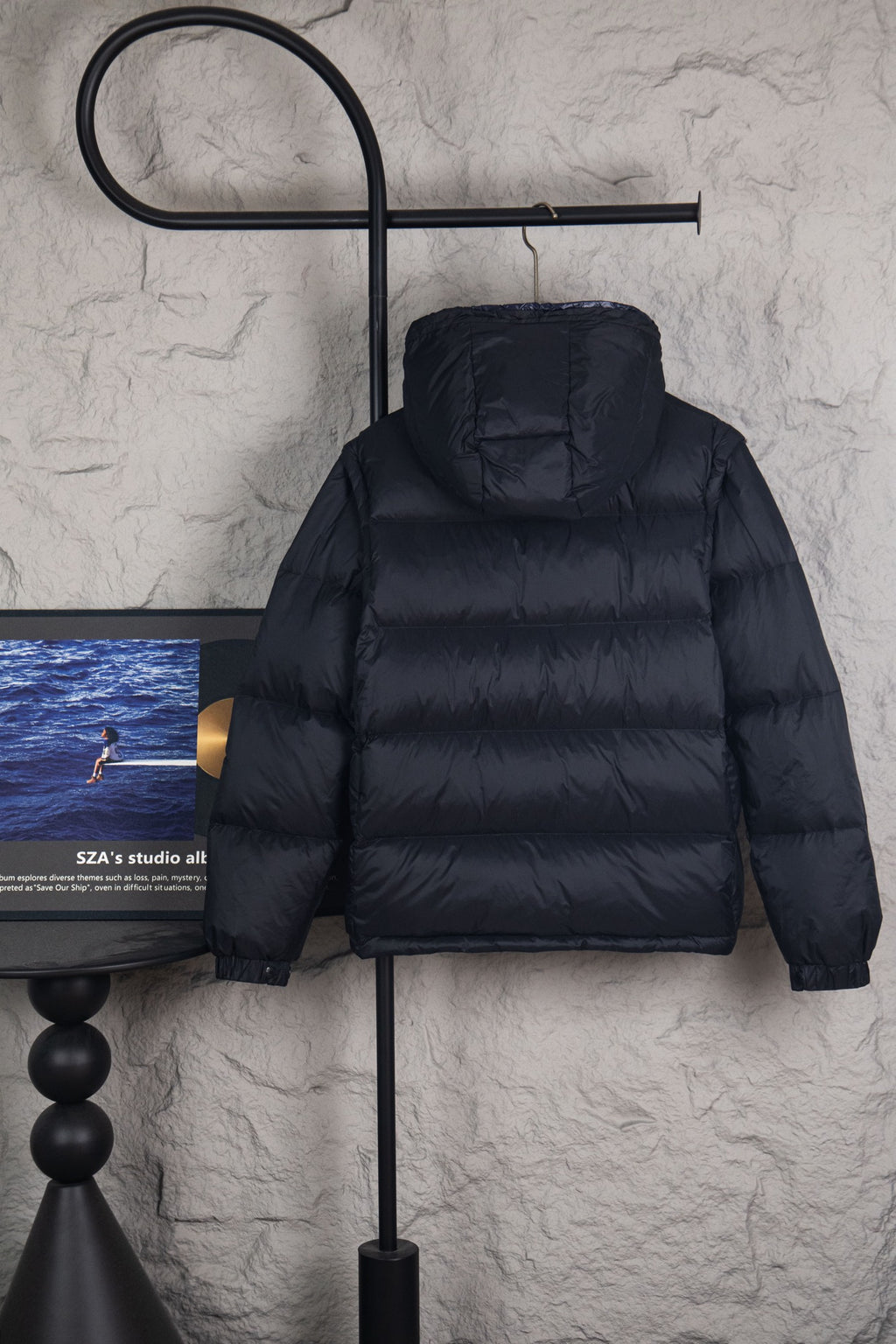 Moncler long puffer jacket with attached hood, dark navy quilted puffer front