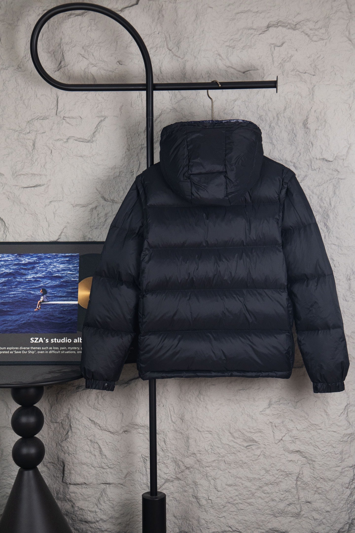 Moncler long puffer jacket with attached hood, dark navy quilted puffer front