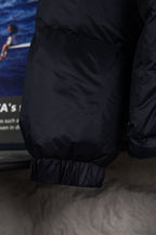 Moncler long puffer jacket, dark with elastic hem and cuffs