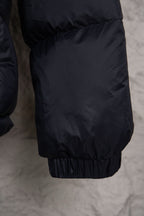Moncler long puffer jacket, dark with gathered elastic hem