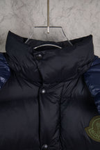 Moncler long puffer jacket collar and front snaps, dark navy, with small chest patch