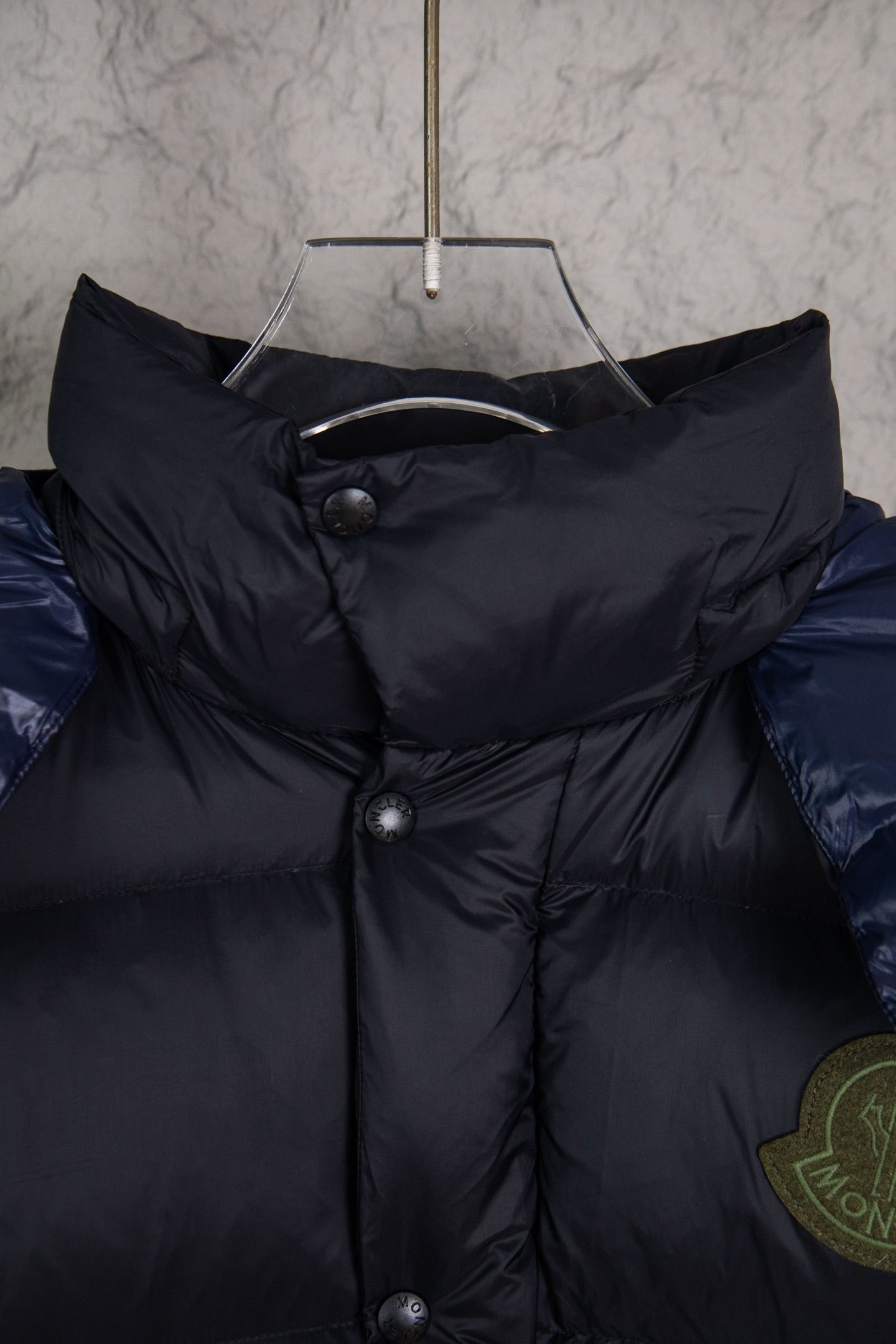 Moncler long puffer jacket collar and front snaps, dark navy, with small chest patch