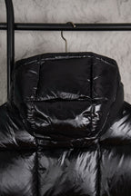 Moncler long puffer jacket hood and neckline, black glossy quilting