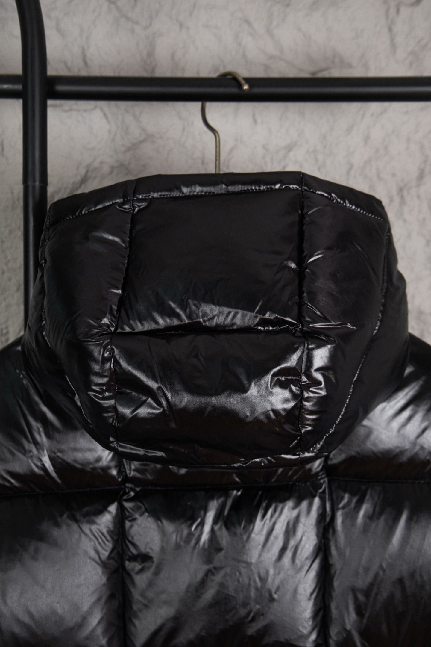 Moncler long puffer jacket hood and neckline, black glossy quilting