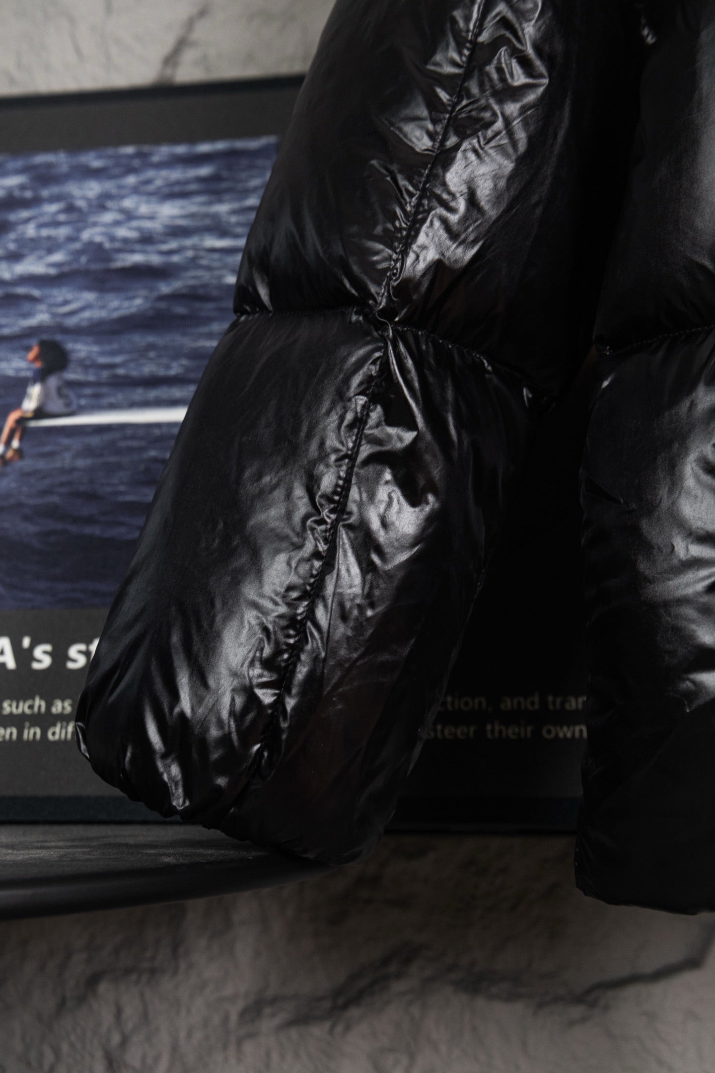 Moncler long puffer jacket waist drawstring detail, black glossy