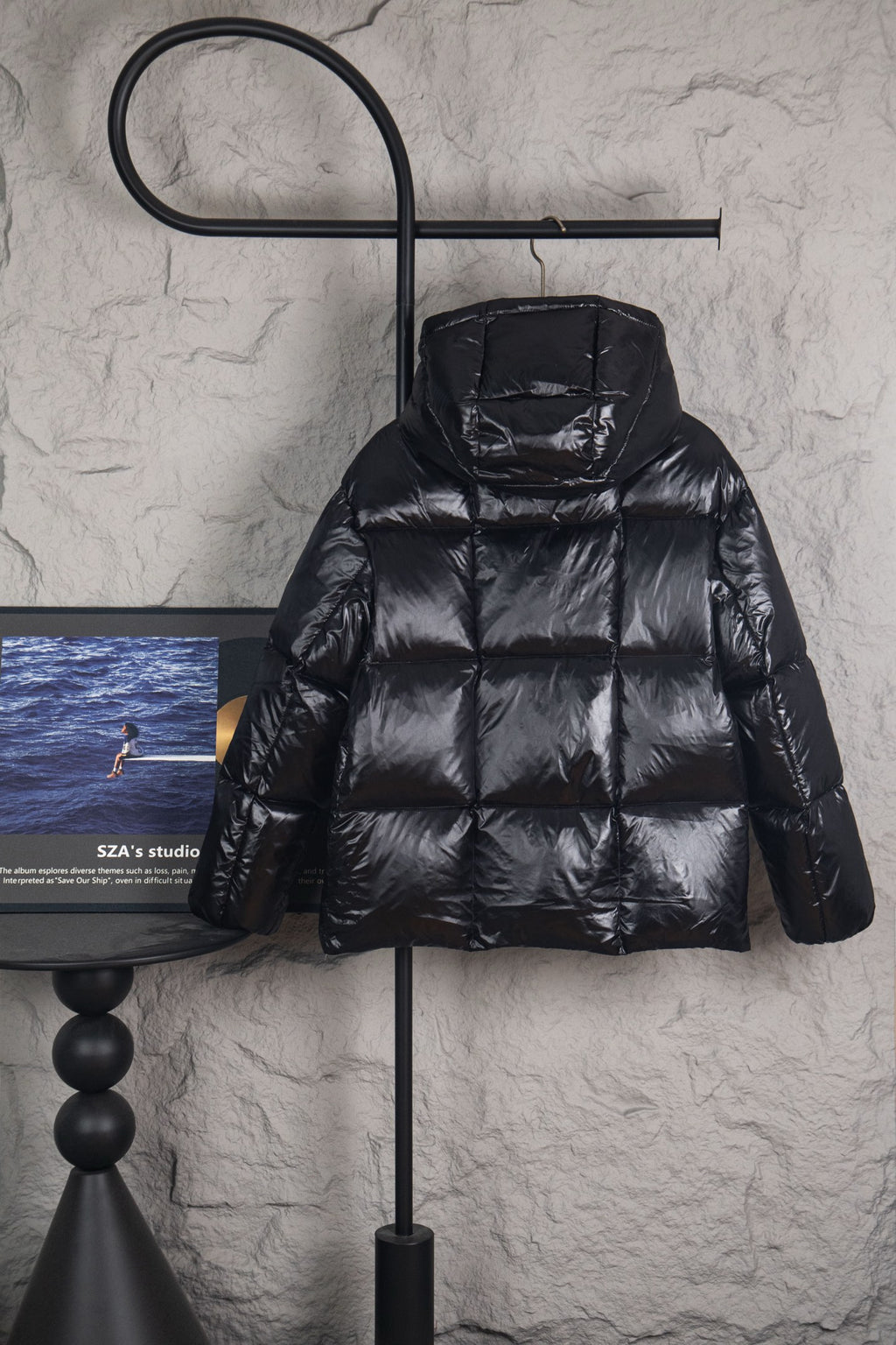 Moncler long puffer jacket with hood, black, quilted pattern and sleeves