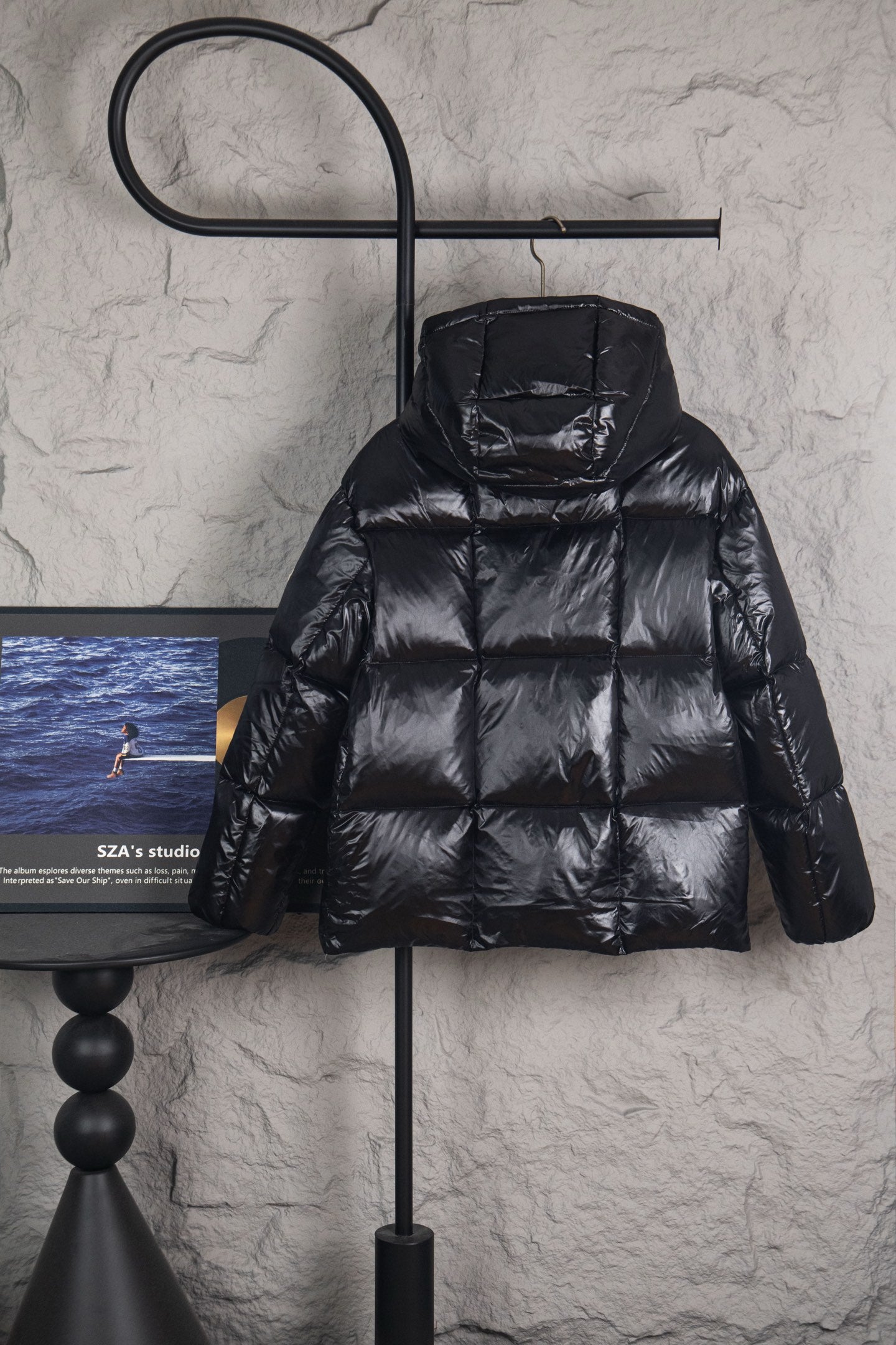 Moncler long puffer jacket with hood, black, quilted pattern and sleeves