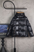 Moncler long puffer jacket with hood, black, front button placket
