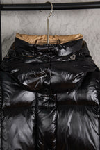 Moncler long puffer jacket with stand collar, black glossy quilted fabric