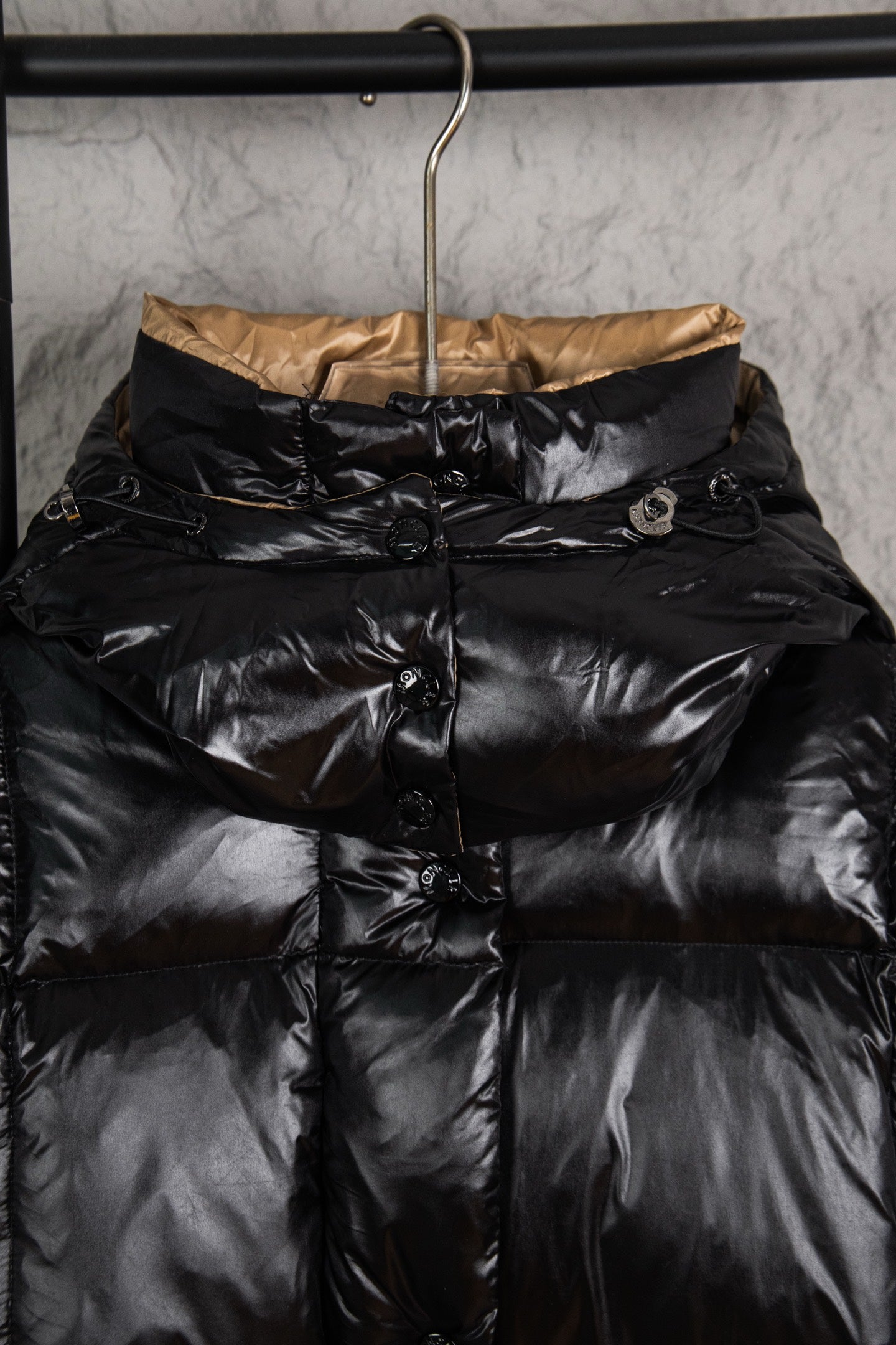 Moncler long puffer jacket with stand collar, black glossy quilted fabric
