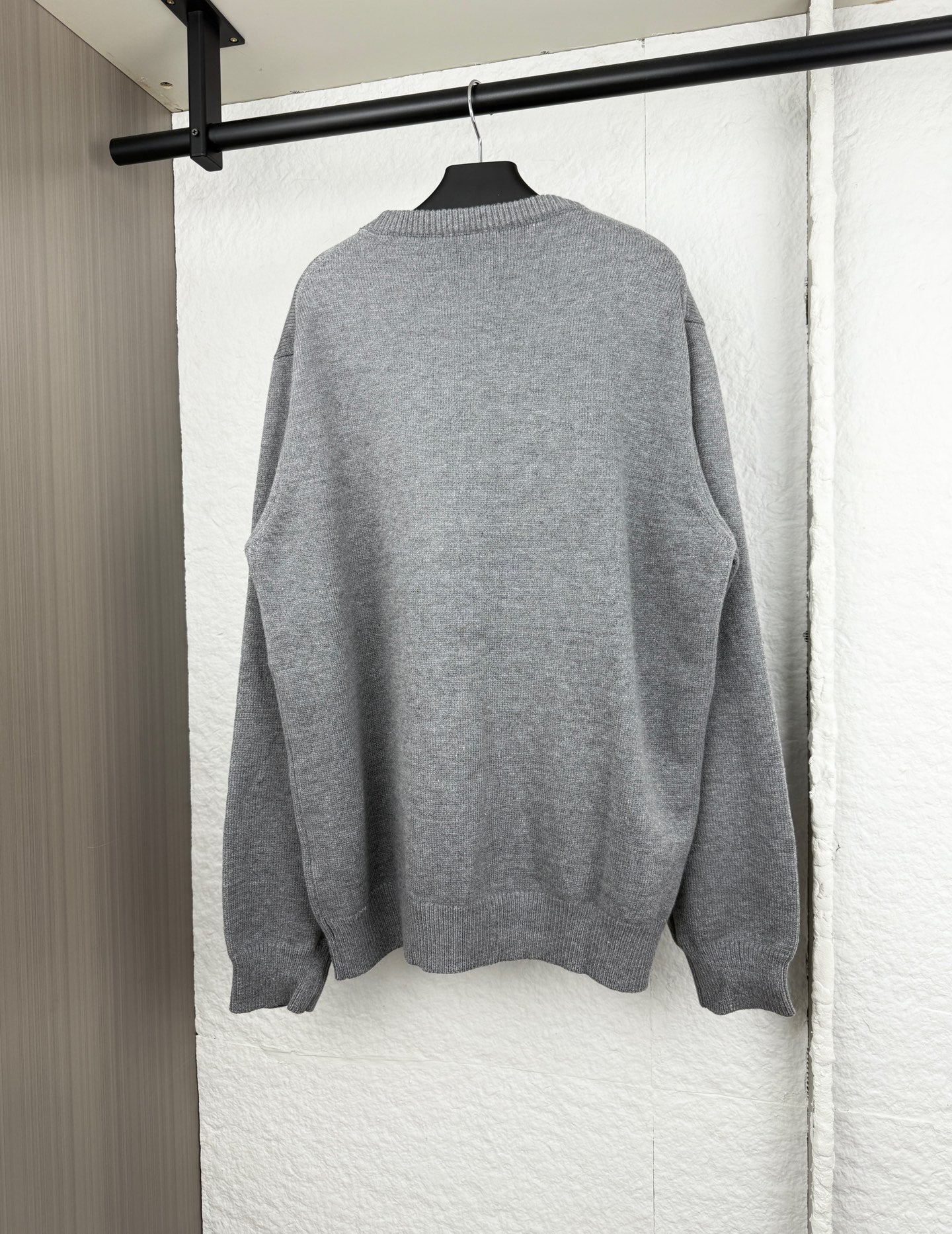Gucci knit sweater, gray back view with ribbed crewneck and sleeves