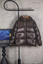 Long puffer jacket in dark brown with front zipper and attached hood