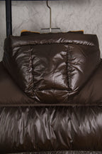 Burberry long padded jacket front, dark brown quilted design and center seam