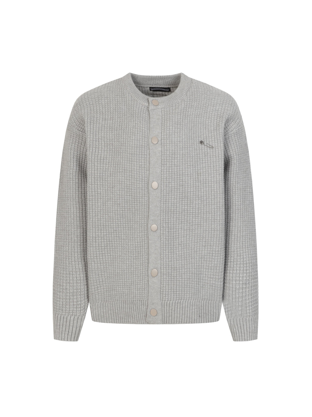 Light gray long-sleeve knit cardigan sweater with button front and ribbed cuffs