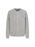 Light gray long-sleeve knit cardigan sweater with button front and ribbed cuffs