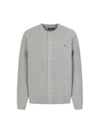 Light gray long-sleeve knit cardigan sweater with button front and ribbed cuffs