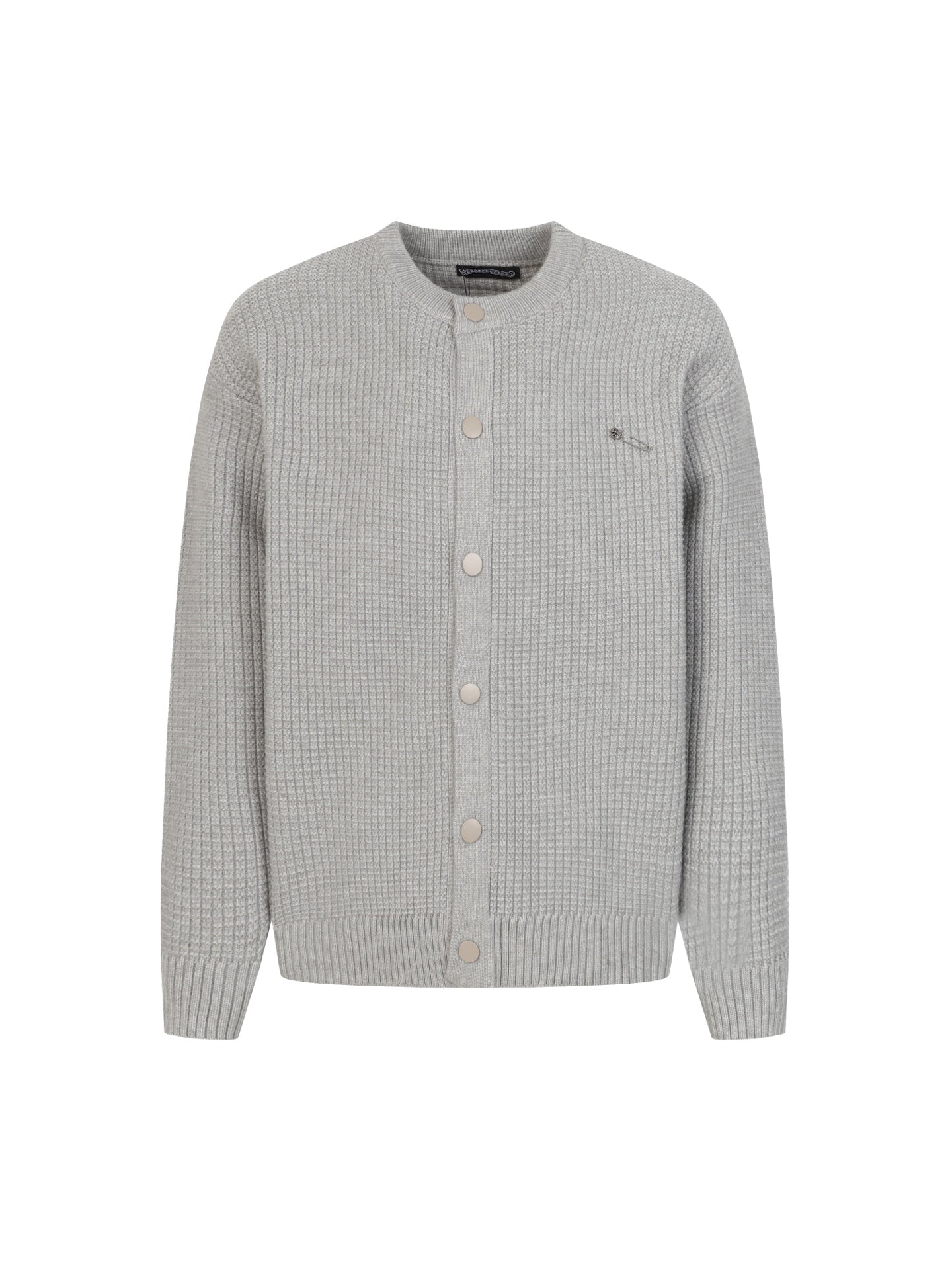 Light gray long-sleeve knit cardigan sweater with button front and ribbed cuffs
