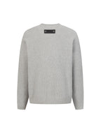 Light gray long-sleeve knit cardigan sweater back with neckline label