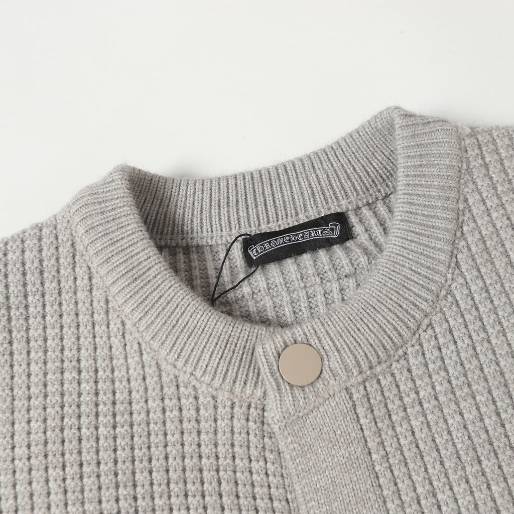 Light gray knit cardigan neckline with ribbed collar and button front detail