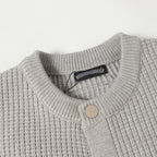 Light gray knit cardigan neckline with ribbed collar and button front detail