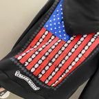Dark hoodie fabric with large back graphic of red stripes and blue star blocks
