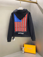 Dark hoodie with hood and zipper, back print with blue stars and red stripes